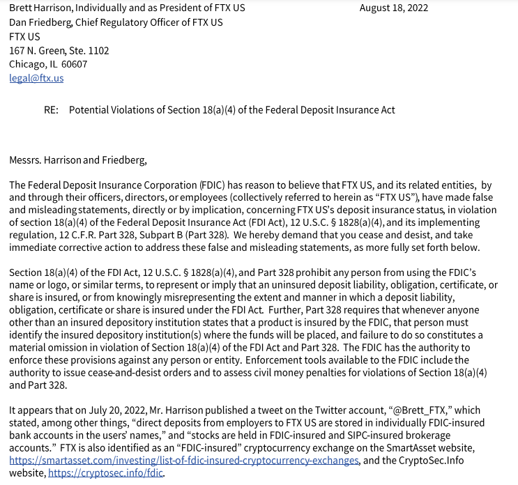 FTX US среди 5 компаний, получивших письма о прекращении и воздержании от FDIC