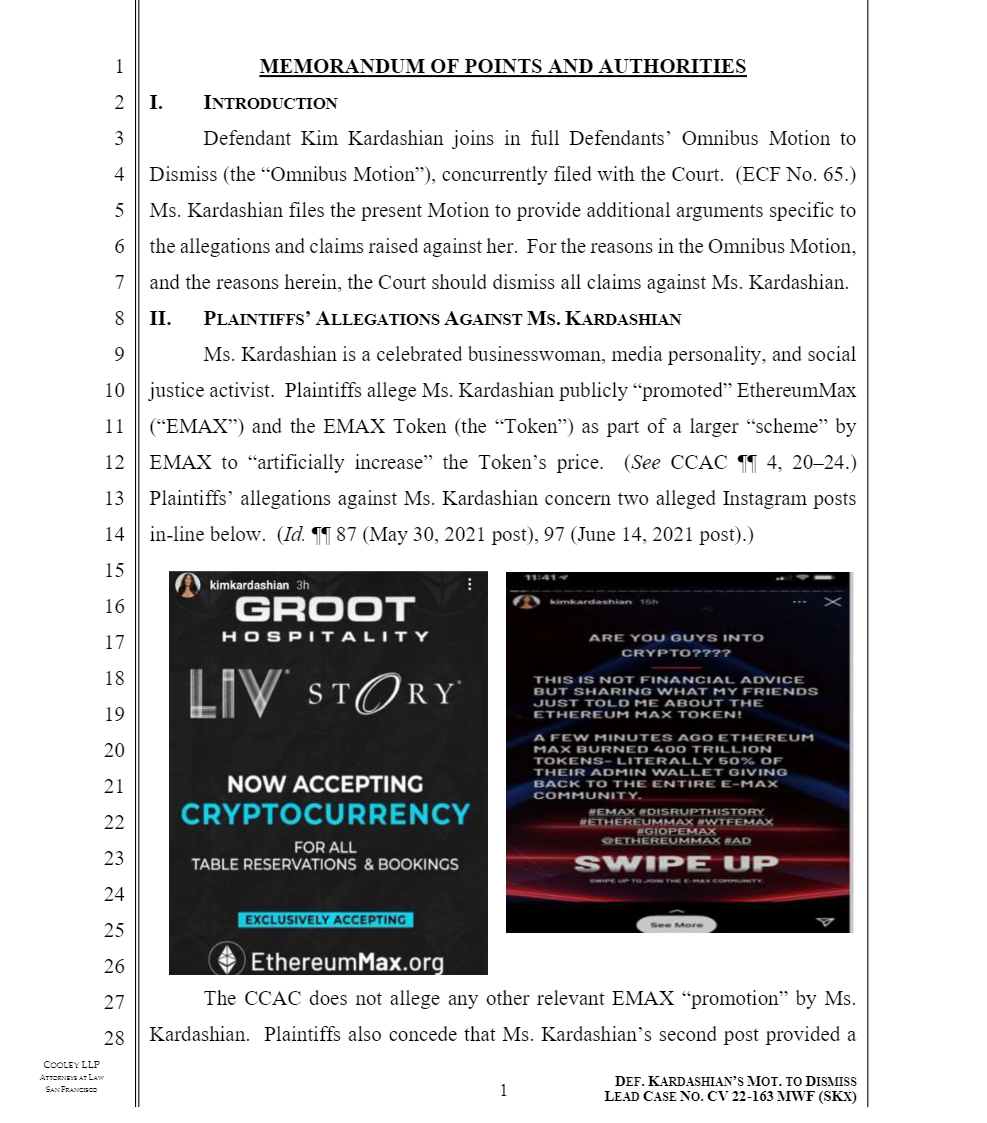 Команда юристов Ким Кардашьян подала ходатайство об отклонении иска о криптовалюте EthereumMax