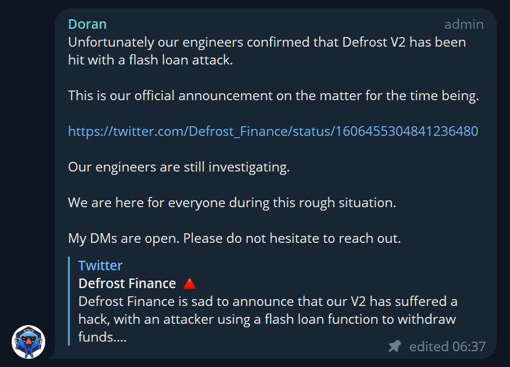 Взломщик мгновенного кредита DeFi ликвидировал пользователей Defrost Finance, что привело к убыткам в размере 12 миллионов долларов