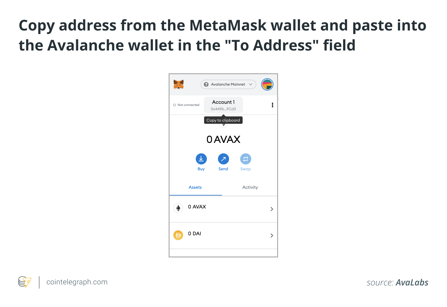 Скопируйте адрес из кошелька MetaMask и вставьте в кошелек Avalanche в поле _To Address_
