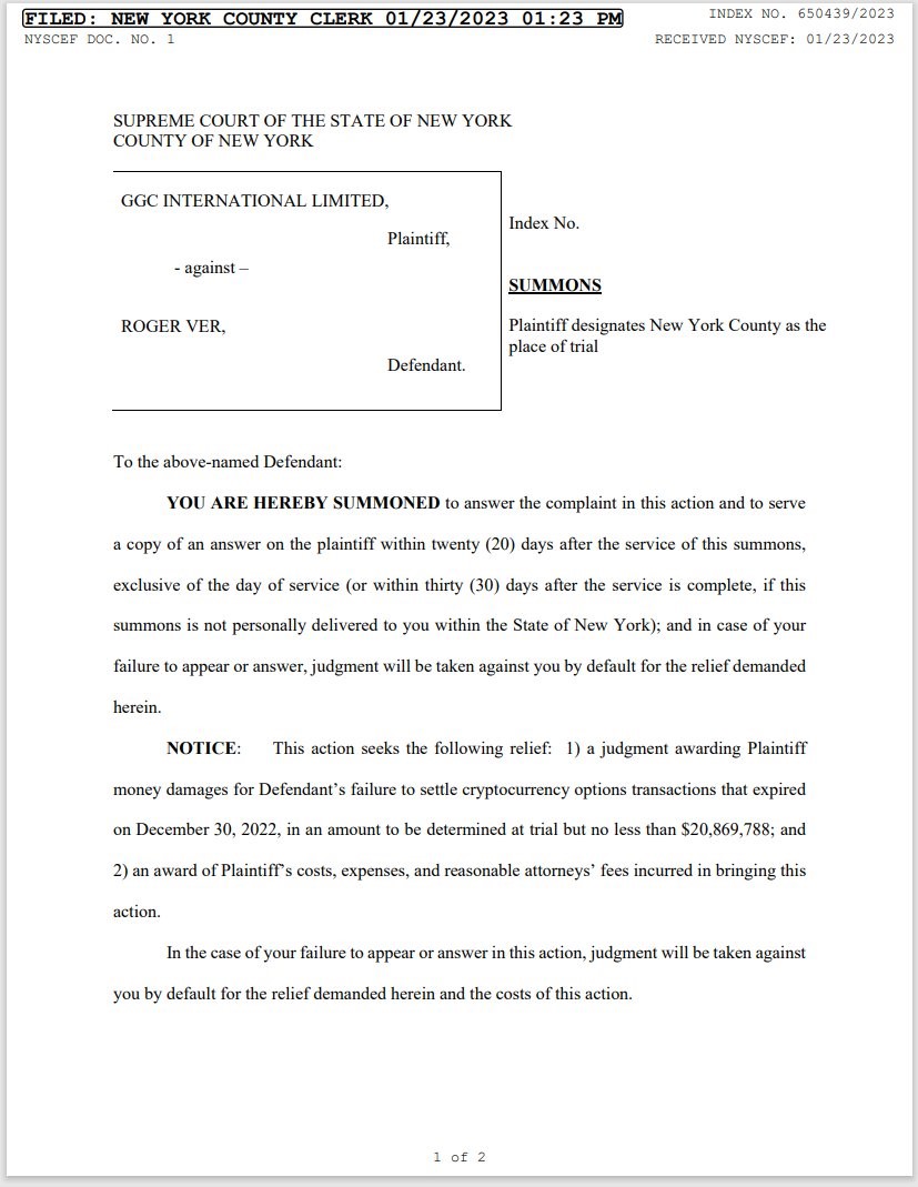 Genesis подает в суд на Роджера Вера на 20 миллионов долларов из-за неурегулированных сделок с крипто-опционами