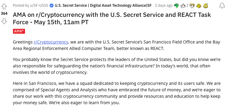Секретная служба США держит криптовалюту и хвалит технологию блокчейна в Reddit AMA