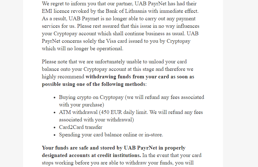 Поставщик карт Cryptopay в ЕС теряет лицензию, компания заявляет, что средства карты в безопасности