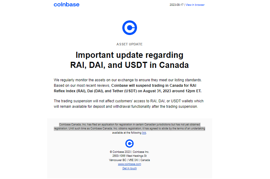 Coinbase приостановит торговлю USDT для канадских пользователей