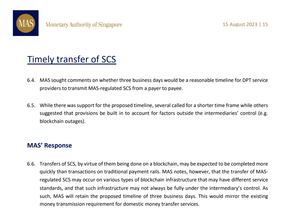 Центральный банк Сингапура заявил, что три рабочих дня — это «своевременный перевод» стейблкоинов