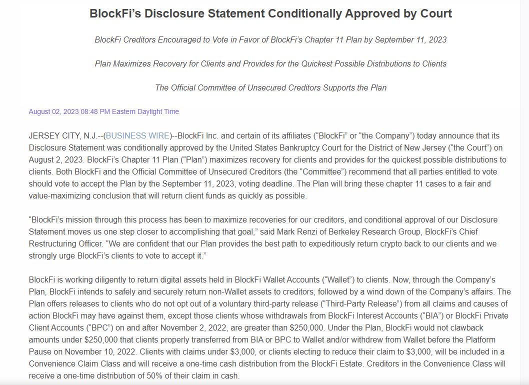 План BlockFi по главе 11 продвигается с условным одобрением суда