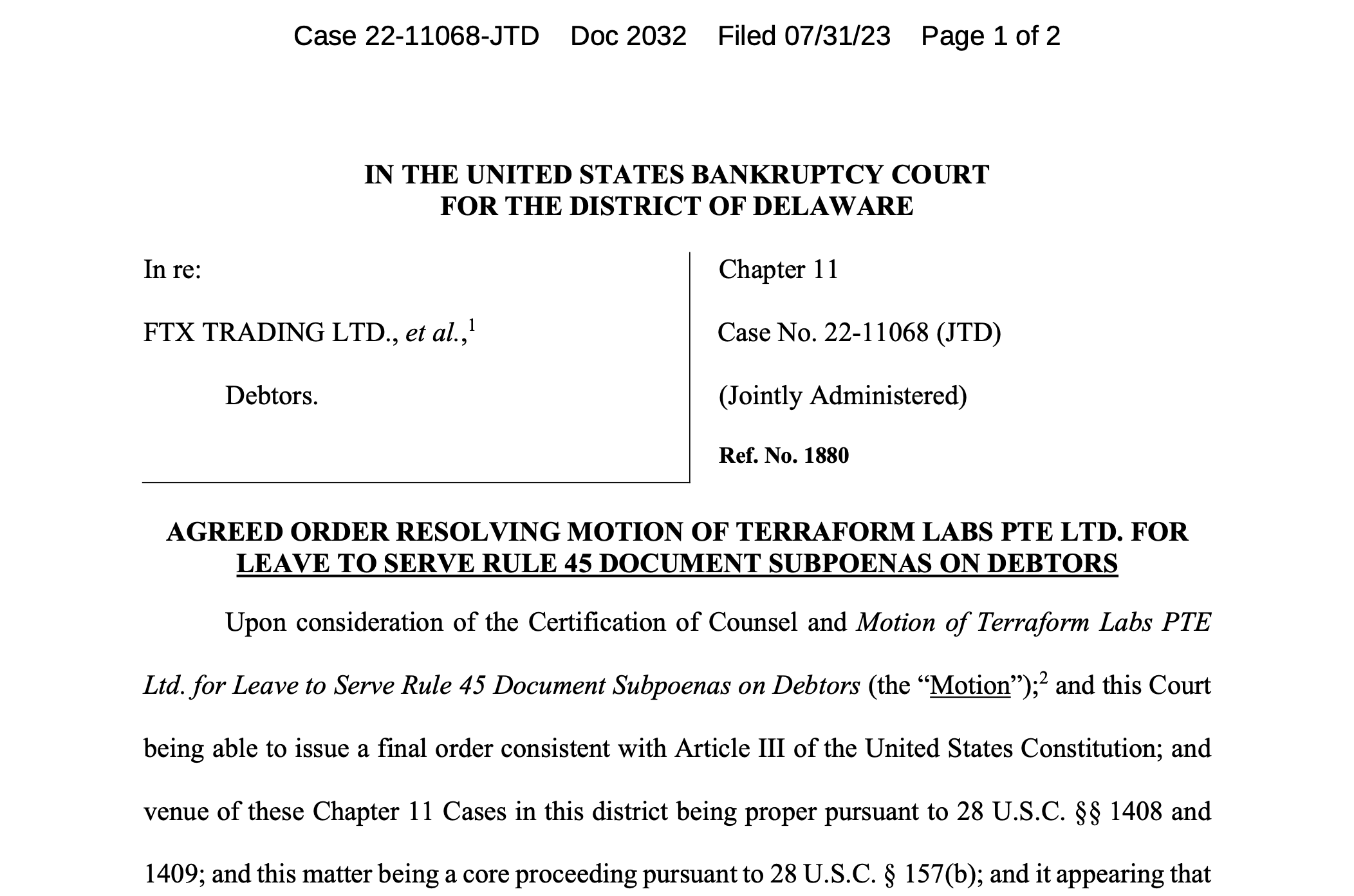 Судья по делам о банкротстве подписал постановление, позволяющее Terraform Labs вызывать в суд организации FTX