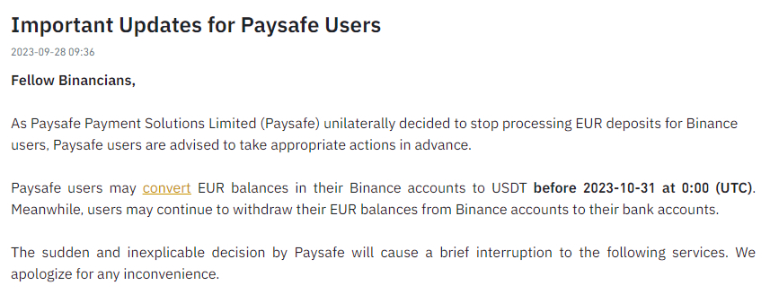 Binance призывает пользователей конвертировать евро в USDT после дебанкинга Paysafe