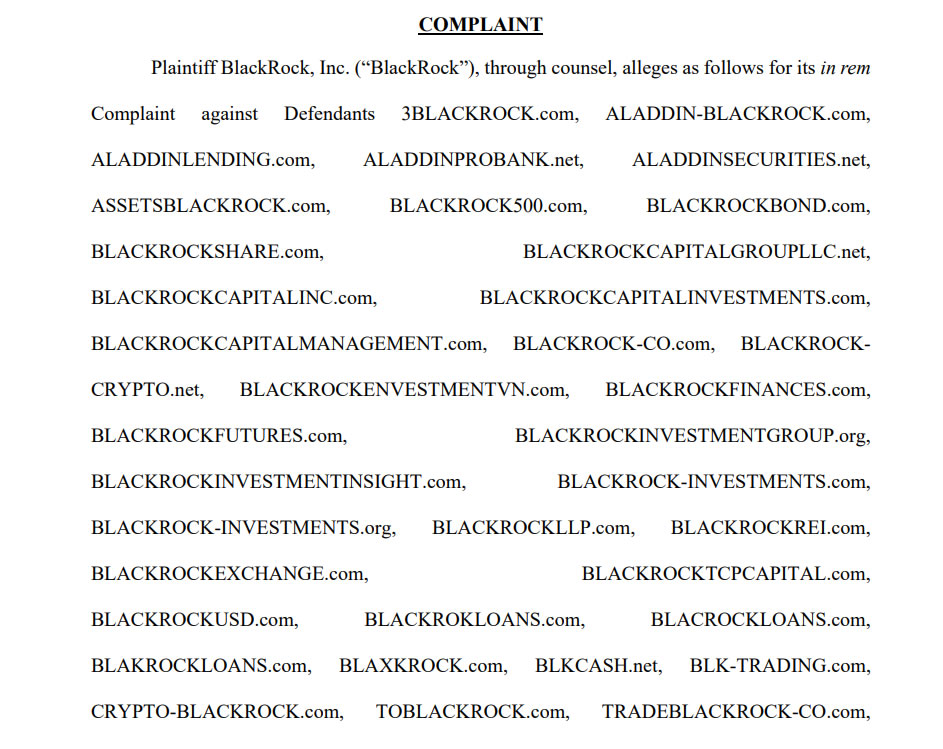 BlackRock добивается судебного преследования 44 сайтов-подражателей, некоторые из которых связаны с криптовалютой