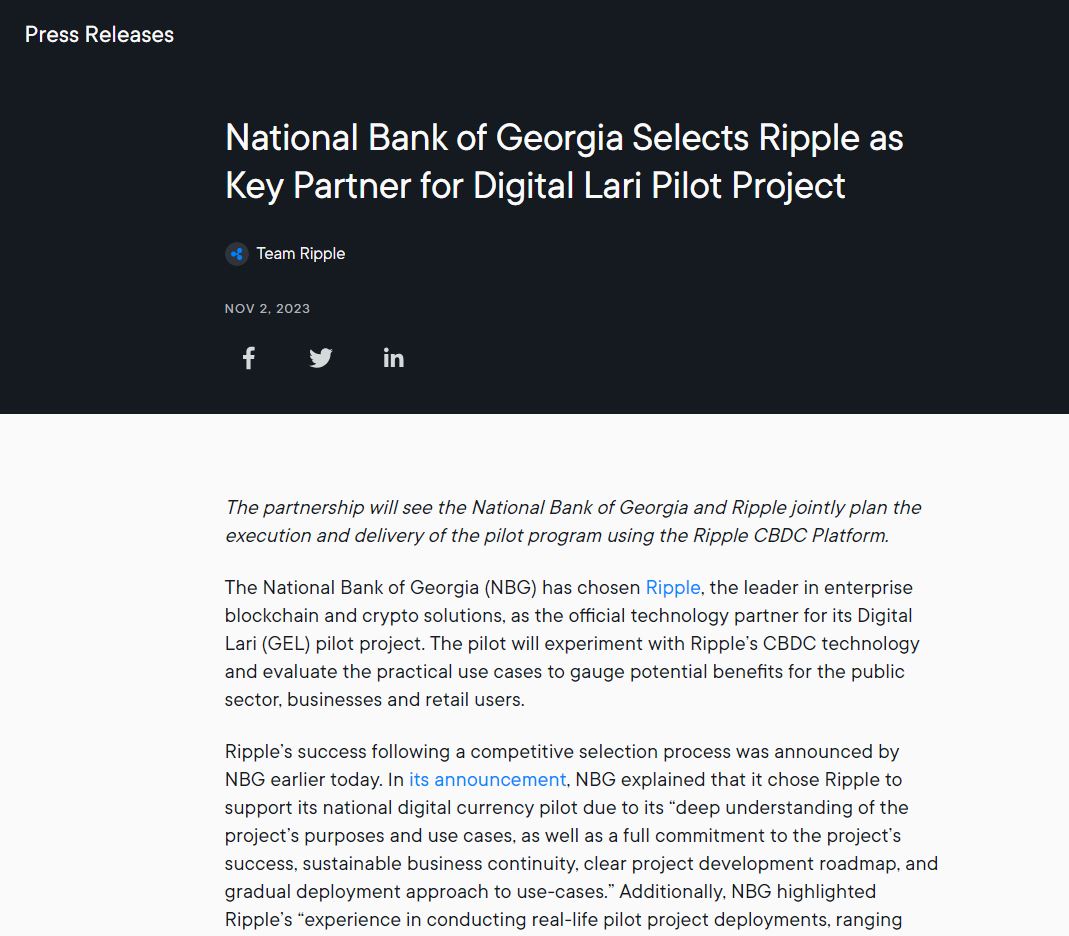 Ripple станет основой цифровой валюты центрального банка Грузии — цифрового лари