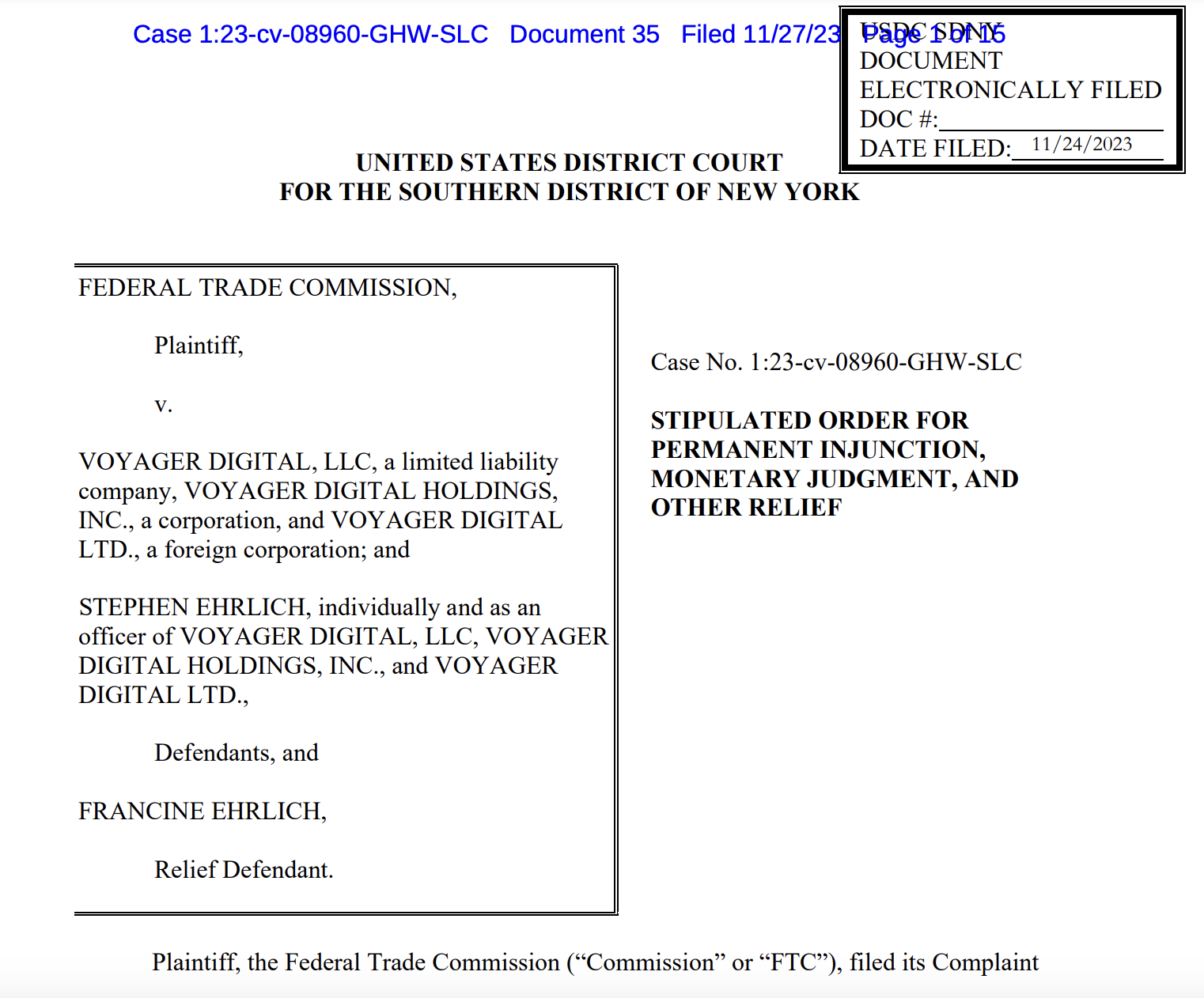 Судья подписал соглашение на сумму 1,65 миллиарда долларов между Voyager Digital и FTC