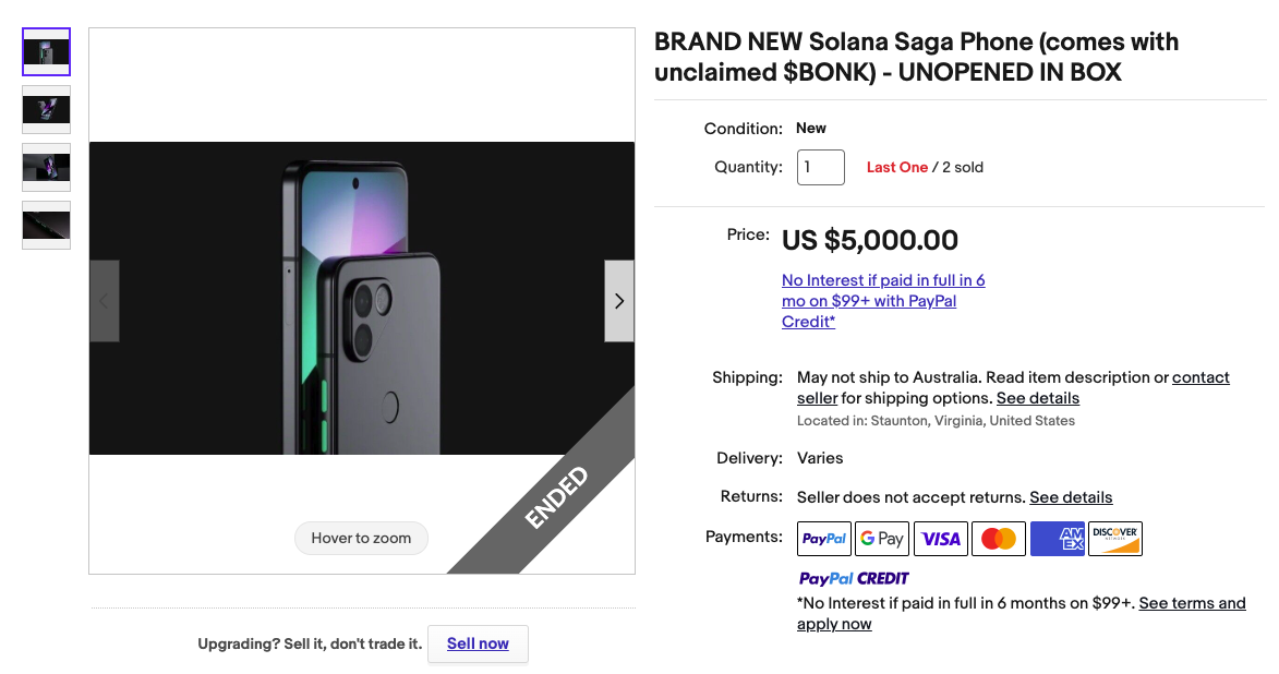 Solana Saga продается на eBay по цене до 5 тысяч долларов, поскольку безумие Бонка вызывает распродажу